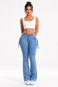 Women's High Waist Stretch Flare Cargo Jeans