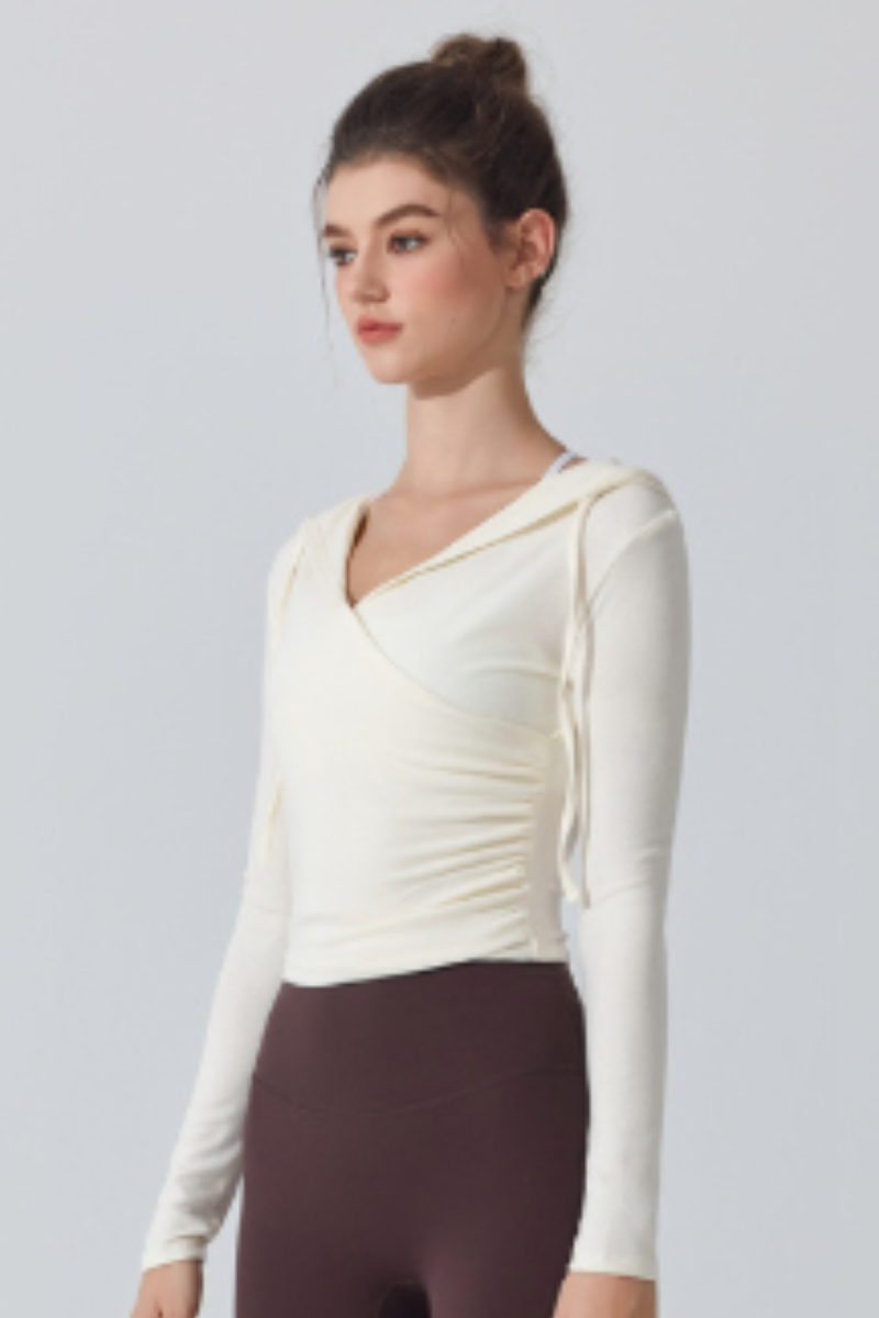 Women's V‑Neck Ruched Cropped Slim Fit Athletic Hoodie