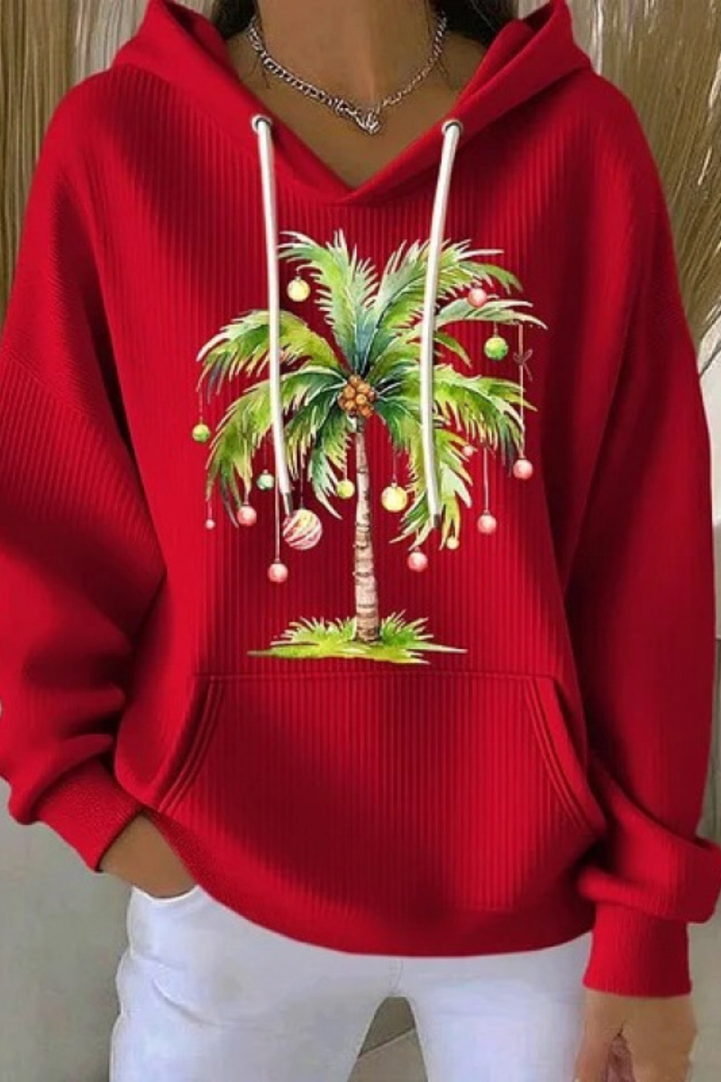 Women's Fall Christmas Print Ribbed Hoodie