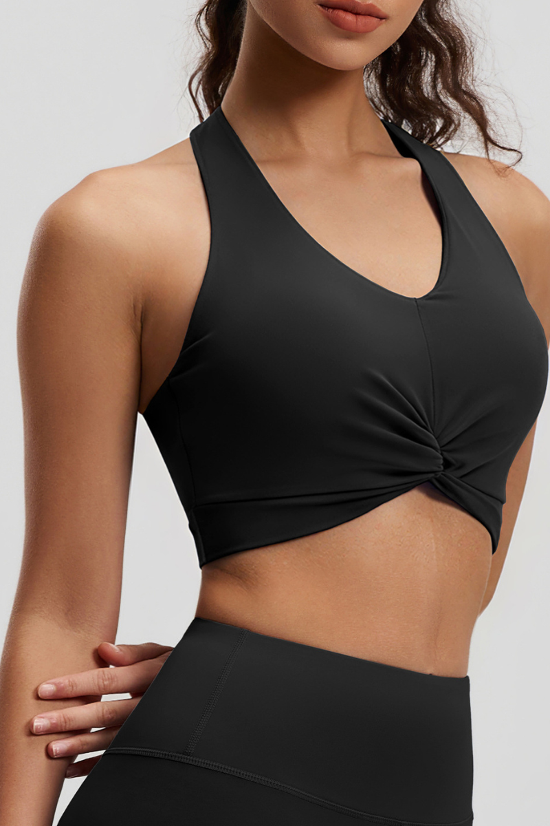 Women's Twist‑Front Halterneck Padded Cropped Sport Tank Top