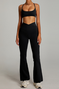 Women's Set:Cross-back  Bra And Criss-cross Waist Flare Pants