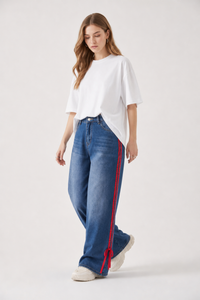 Women's High Waist Wide Leg Jeans with Red Side Stripe