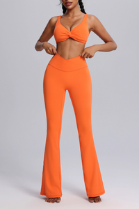 Women's Twisted Sports Bra & Cross-Waist Flare Pants Set