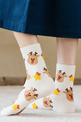 Women Christmas Reindeer Santa Snowman Print Mid Calf Socks