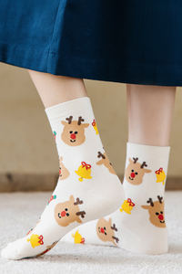 Women Christmas Reindeer Santa Snowman Print Mid Calf Socks