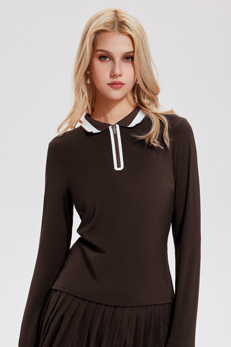 Women's Color-Block Polo Long-Sleeve Top