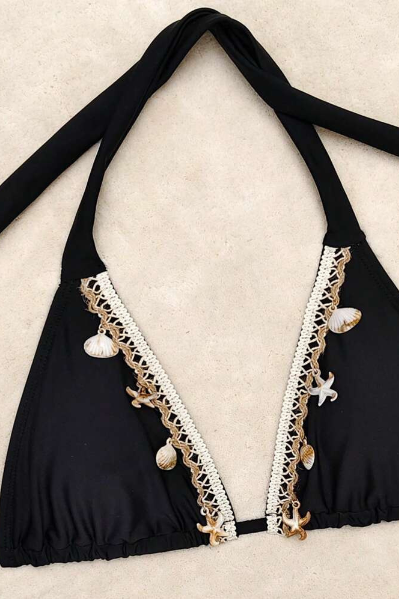 Women's Triangle Cup Halter Side Tie Solid Open Back Bikini