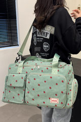 Strawberry Print Corduroy Multi-Pocket Travel Duffel Bag