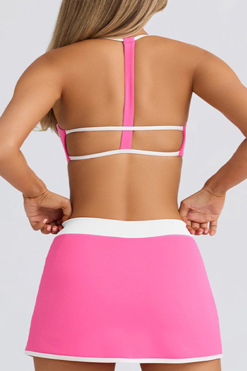 Halter T-Back Sports Bra&High-Waist Split Skort 2-Piece Set