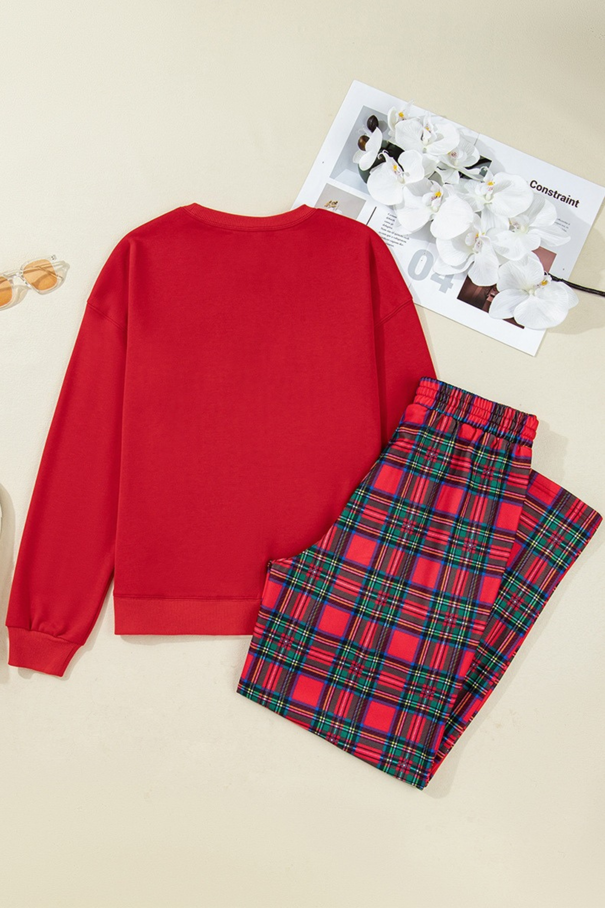 Women's Loungewear Sets:MAMA Letter Sweatshirt & Plaid Pants