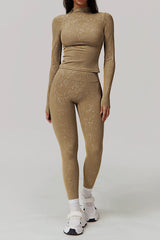Women Gold Foil Fabric Sports Long Sleeves + Yoga Sports Leggings
