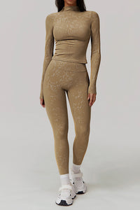 Women Gold Foil Fabric Sports Long Sleeves + Yoga Sports Leggings
