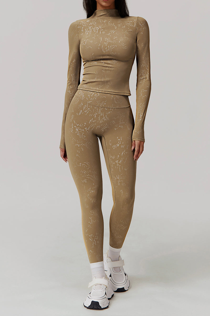 Women Gold Foil Fabric Sports Long Sleeves + Yoga Sports Leggings