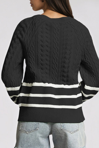 Women's Winter Crew Neck Cable Knit Contrast Stripe Sweater