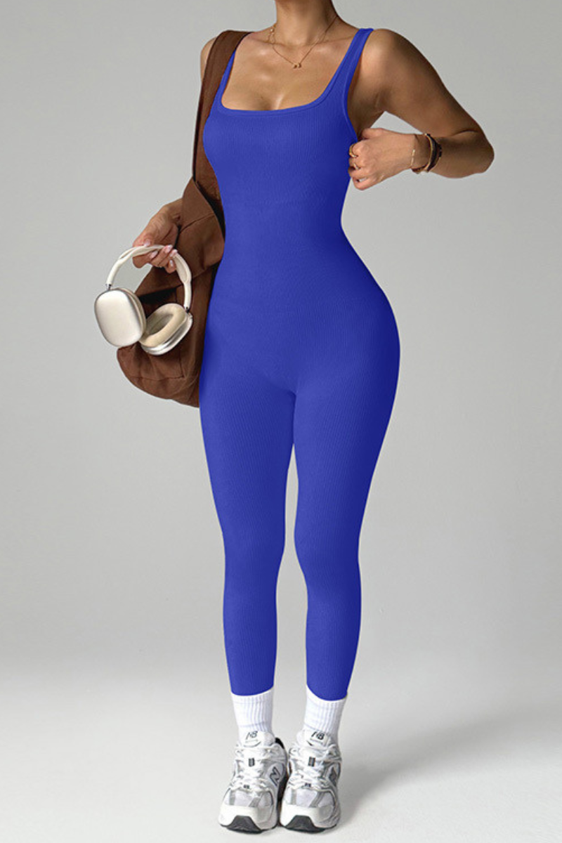 Women's Ribbed Square-Neck Strap Workout Jumpsuit