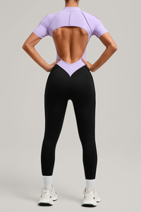 Women's Athletic Stand Collar Color Block Yoga Jumpsuit