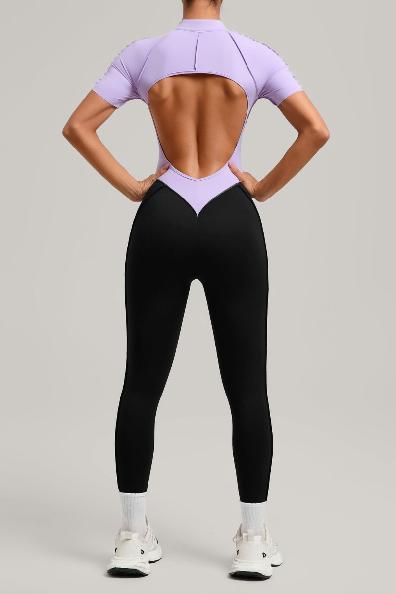 Women's Athletic Stand Collar Color Block Yoga Jumpsuit