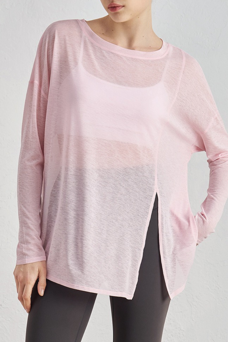 Women's Spring Summer Loose Fit Sheer Side Slit Long Sleeve Top