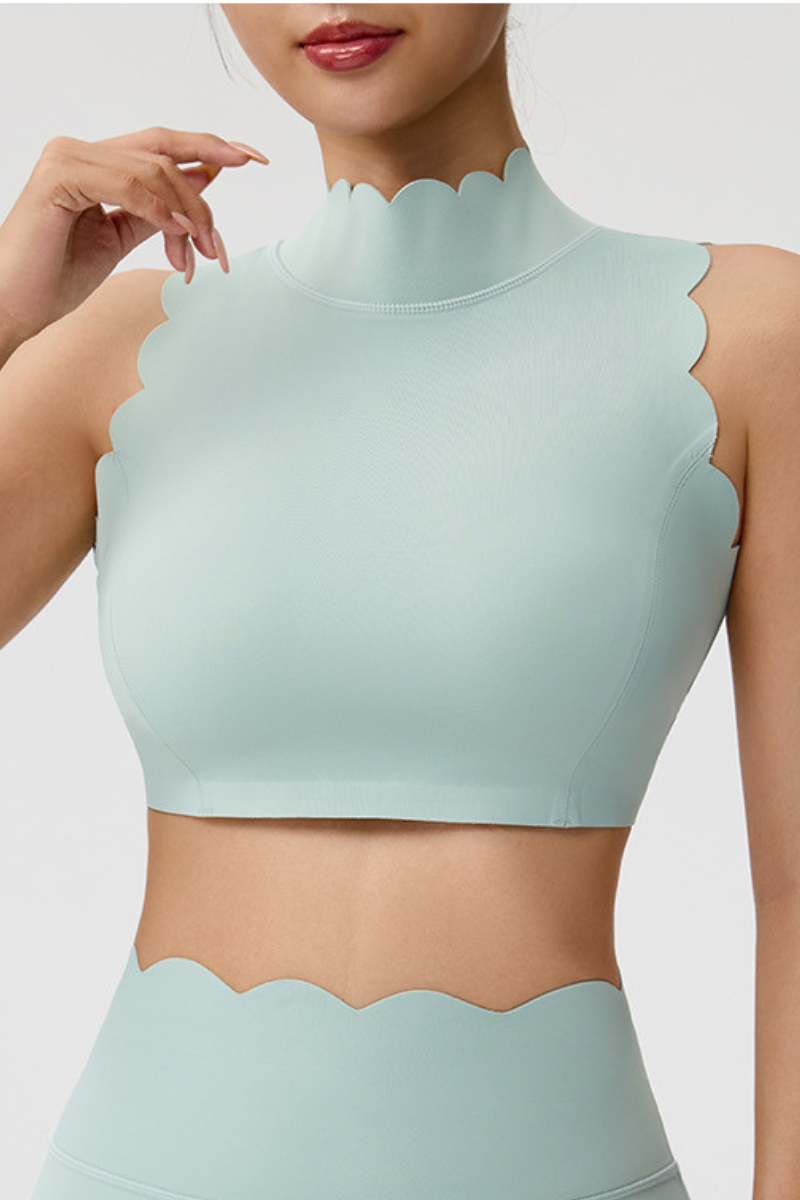 Women's Scalloped Mock Neck Padded Sports Cropped Tank Top