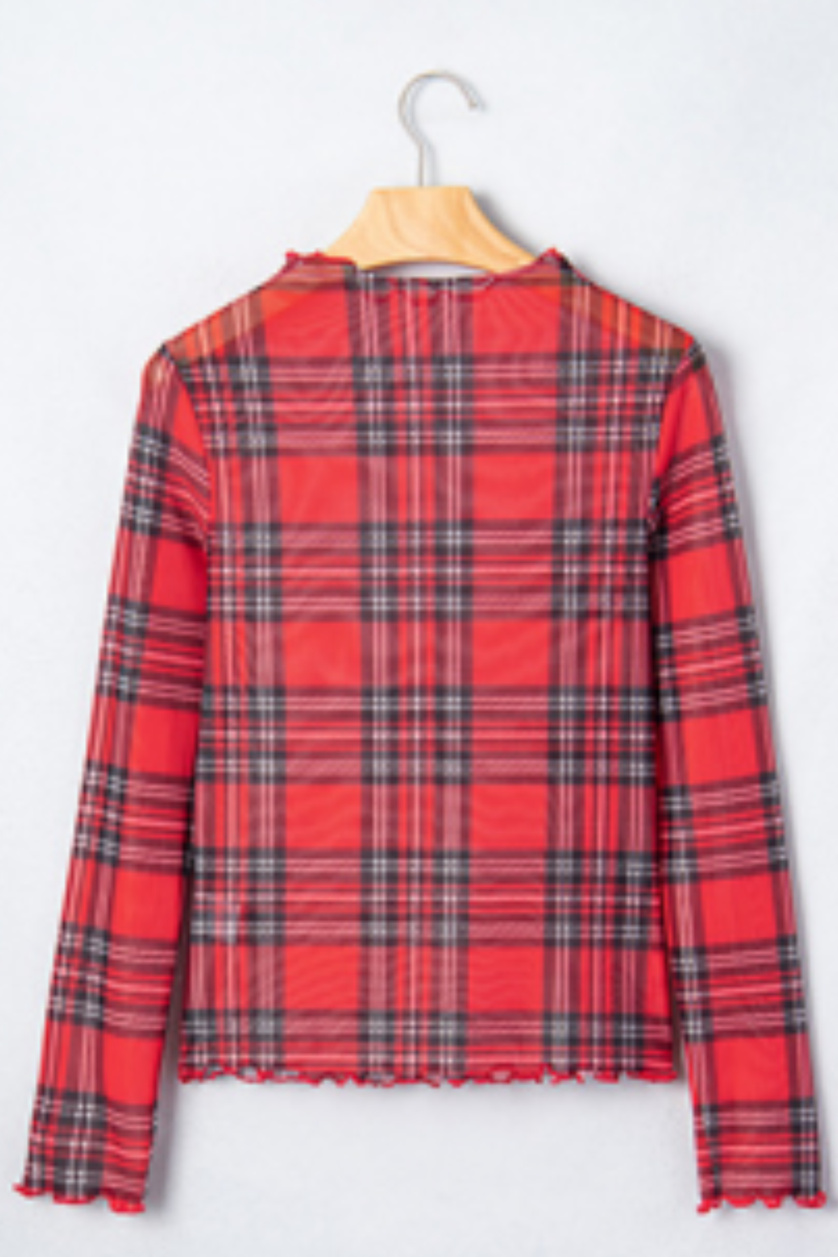 Women's Christmas Red Plaid Sheer Mesh Mock Neck Top