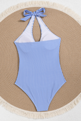 Women Blue White Striped Halter Tie Knot One Piece Swimsuit