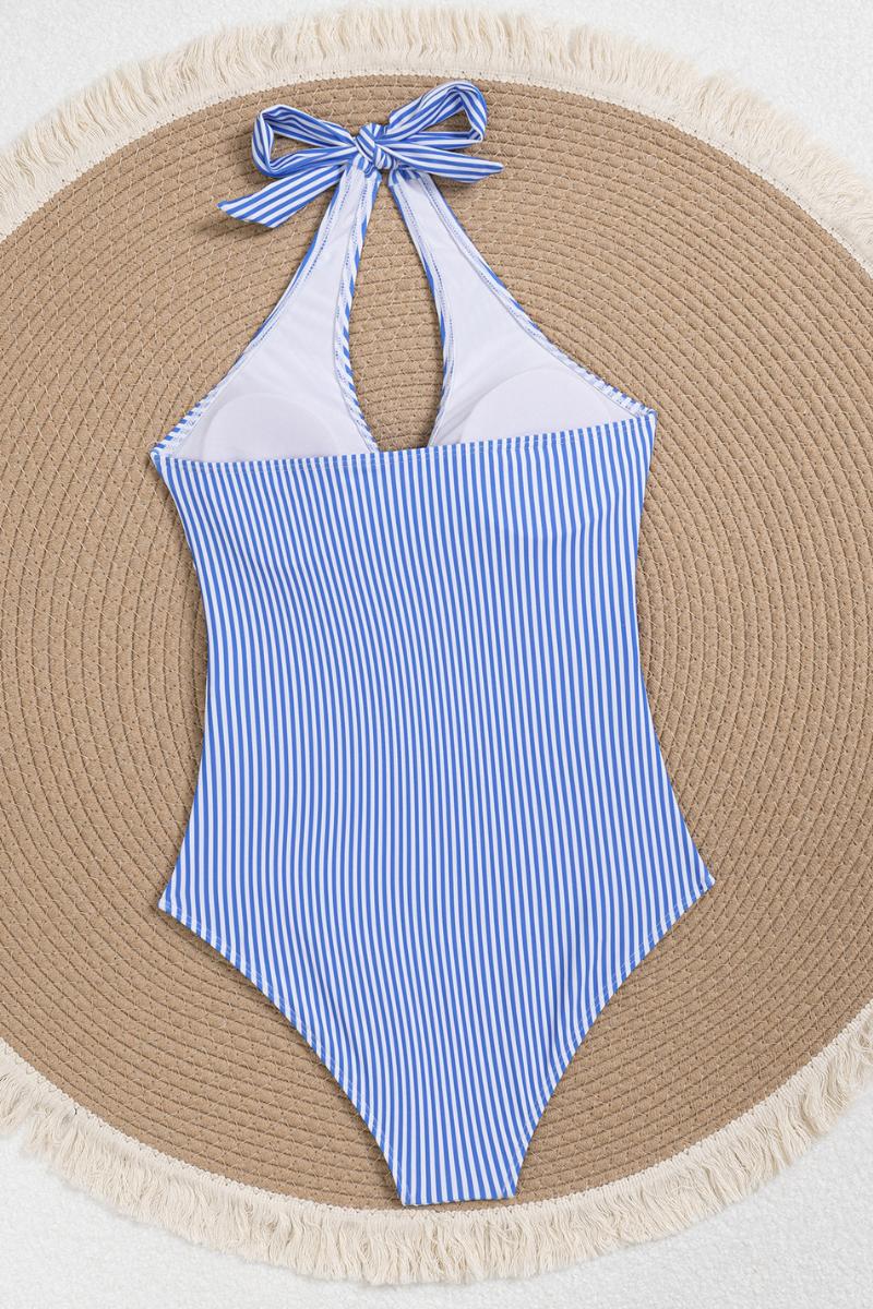 Women Blue White Striped Halter Tie Knot One Piece Swimsuit