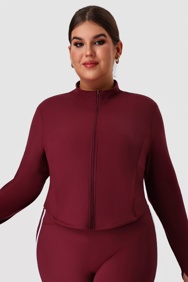 Plus Size Women's Fitted Mock Neck Long Sleeve Pocket Yoga Jacket