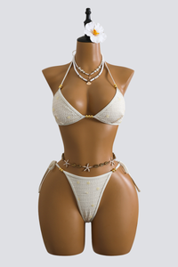 Women's Summer Beaded Halter Triangle Cup Bikini 3 Piece Set