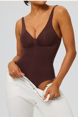 Women's Seamless Pleated Zipper V-neck Sports Bodysuits