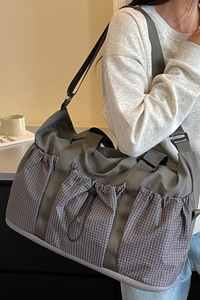Plaid Drawstring Pocket Expandable Travel Duffle Bag