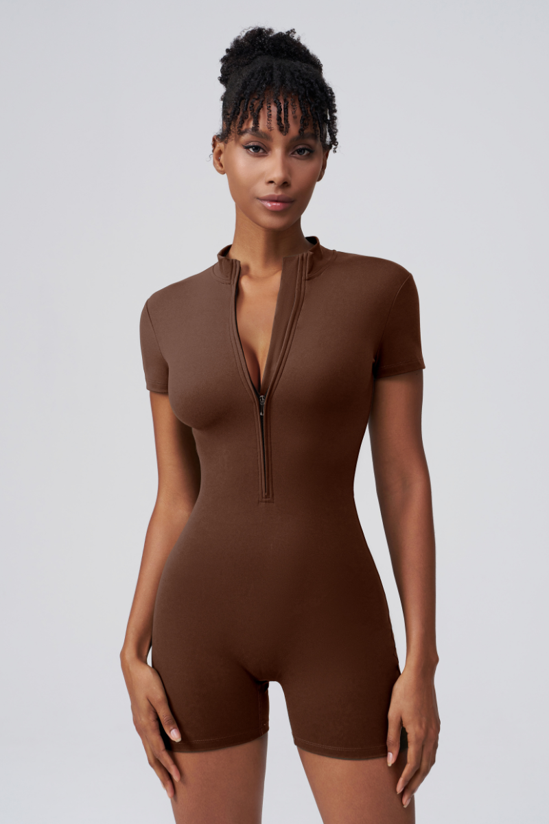 Women's Round Neck Zip Sculpting Long Sleeve Shorts Jumpsuit