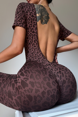 Women's Leopard-Print Backless Short-Sleeved Jumpsuit