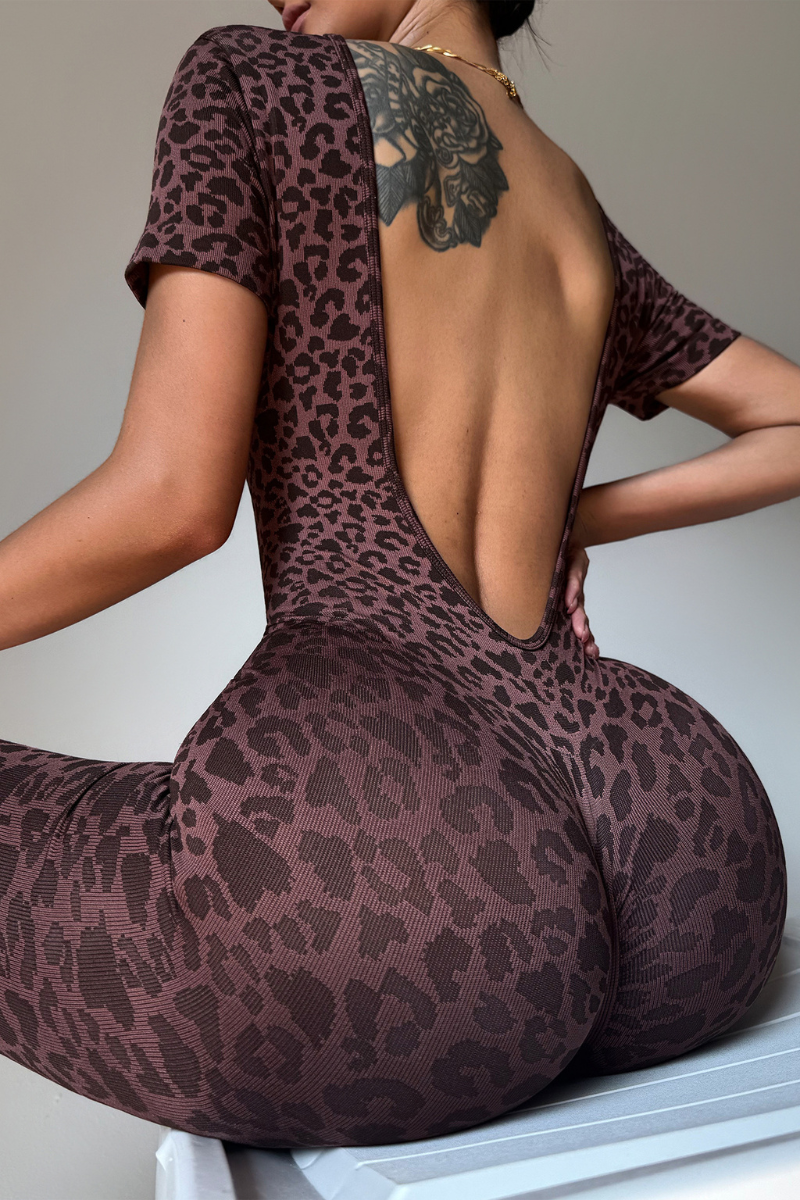 Women's Leopard-Print Backless Short-Sleeved Jumpsuit