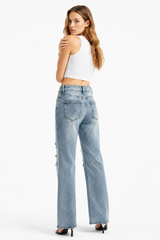 Women's High Waist Distressed Ripped Wide Leg Jeans