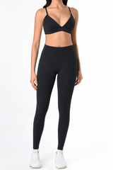 Women's Athletic Bare Feel Deep V-neck Bra And Leggings Sets