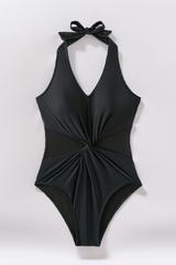 Women's Halter V-Neck Twist Front Mesh Panel Swimsuit