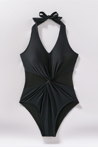 Women's Halter V-Neck Twist Front Mesh Panel Swimsuit