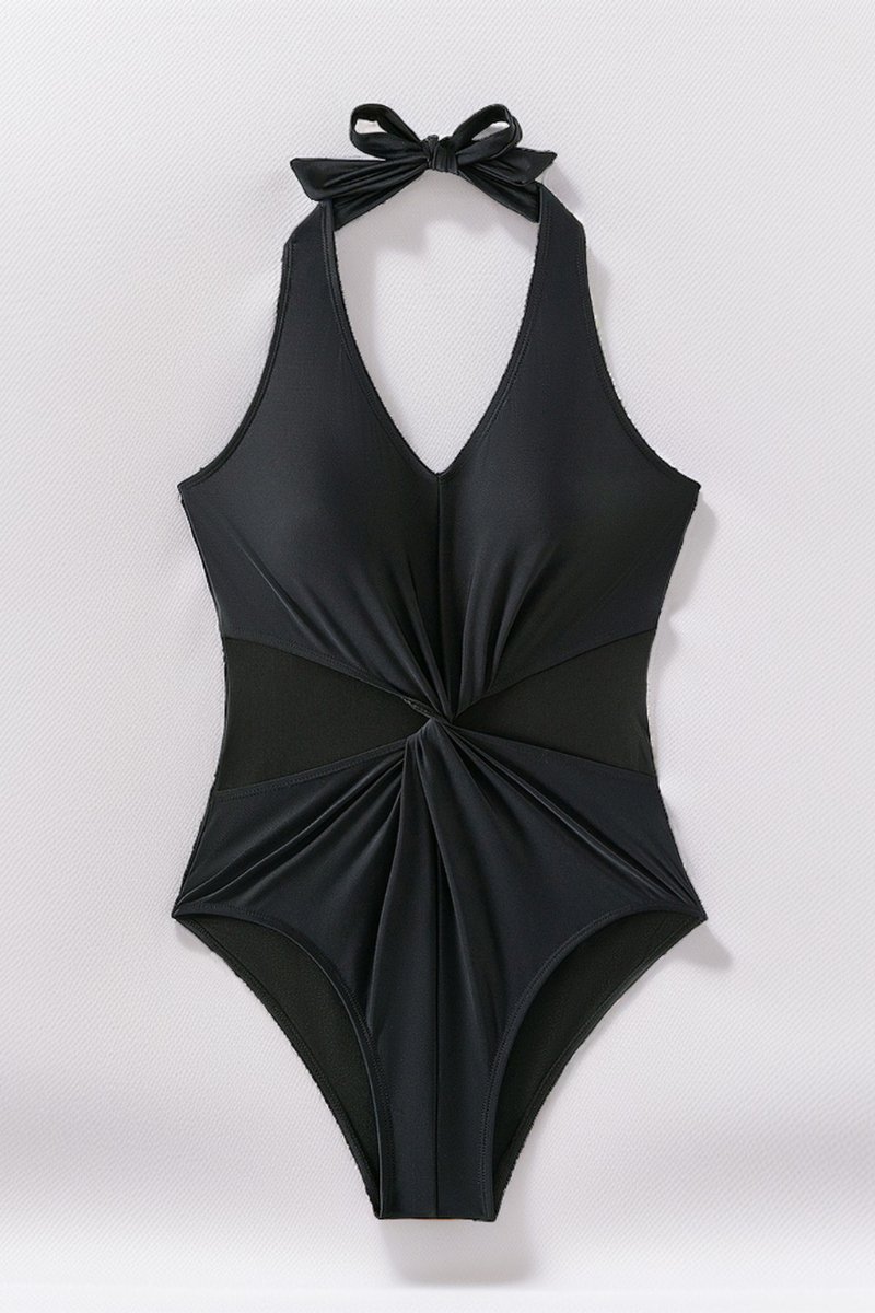Women's Halter V-Neck Twist Front Mesh Panel Swimsuit