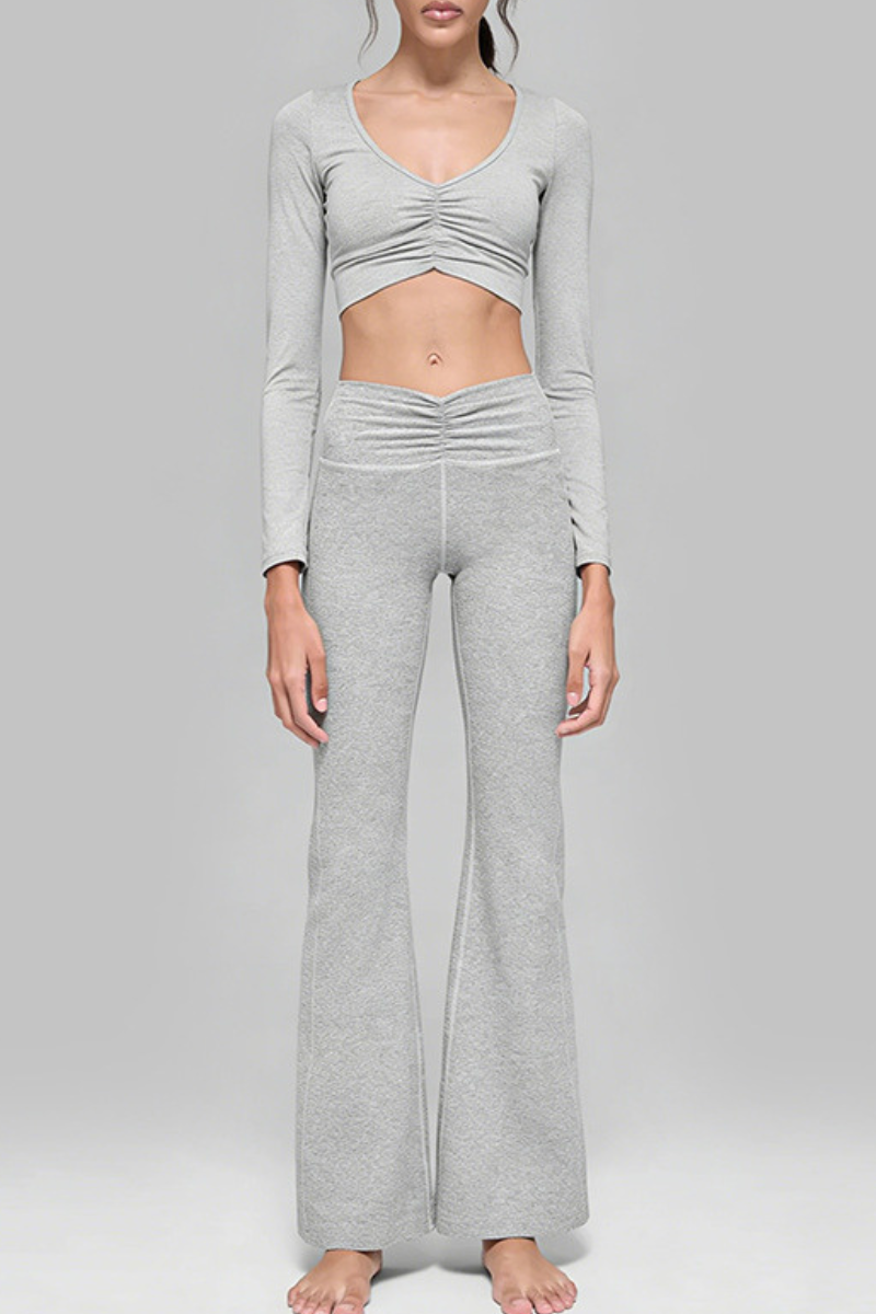 Women's V-Neck Ruched Long-Sleeve Top & Flare Pant Sport Set