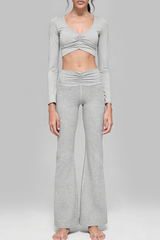 Women's V-Neck Ruched Long-Sleeve Top & Flare Pant Sport Set