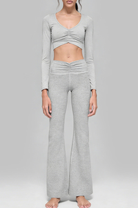 Women's V-Neck Ruched Long-Sleeve Top & Flare Pant Sport Set