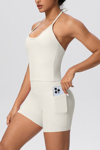 Women's Sport Set:Thin Tie Straps Halterneck And Side Pocket Shorts