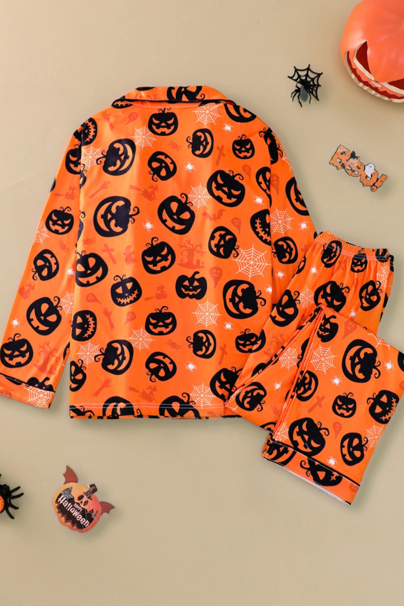 Women's Fall Halloween Pumpkin Spider Web Print Pajama Set