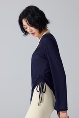 Women's Wide U-Neck Side Drawstring Sheer Long Sleeve Yoga Cover-Up