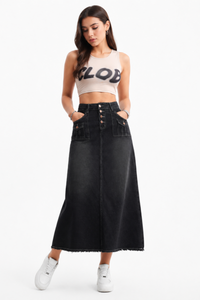 Women's High Waist Button Fly Denim Maxi Skirt