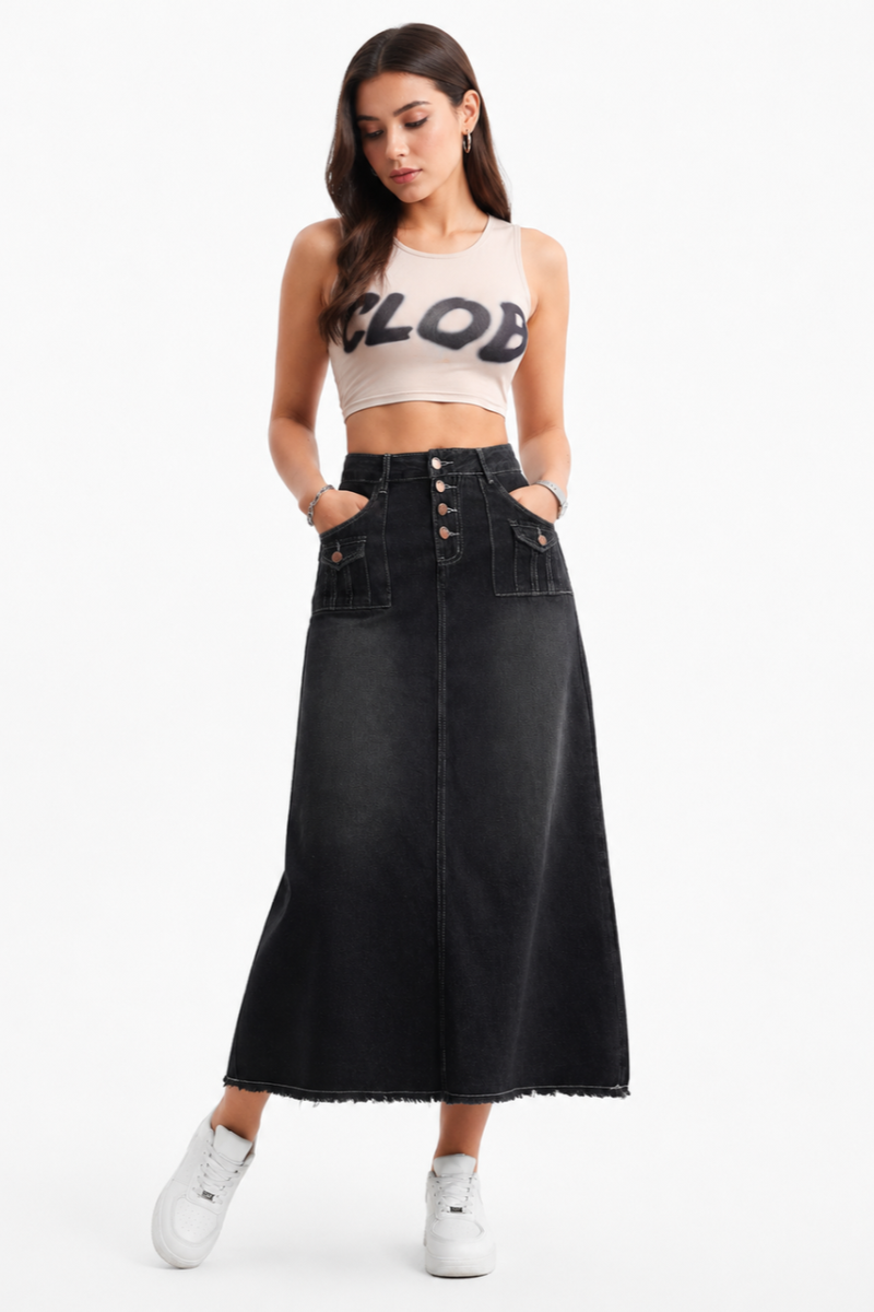 Women's High Waist Button Fly Denim Maxi Skirt