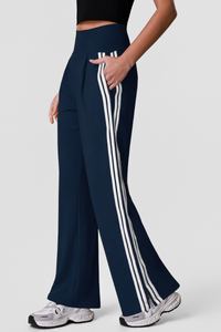 Women's Pleated Front Side-Stripe Wide-Leg Athletic Pants