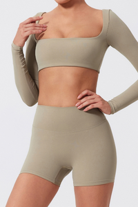 Women's Cropped Long Sleeve Top & Ruched Yoga Shorts Set