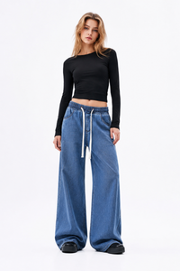 Women's Fall Drawstring Waist Wide Leg Jeans
