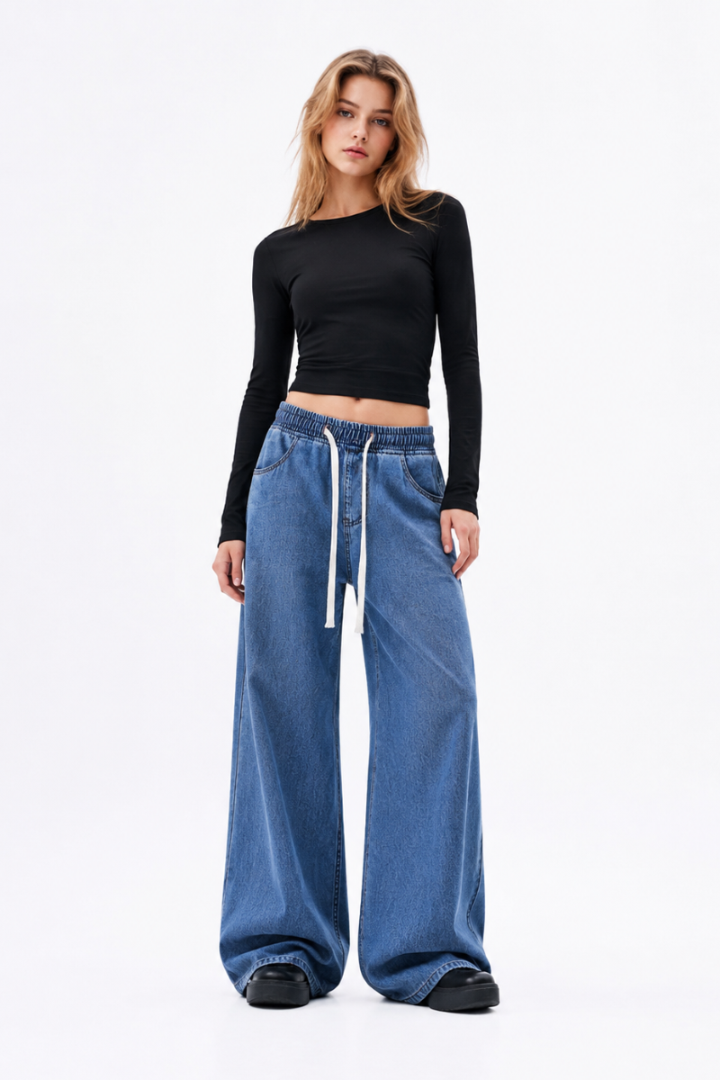Women's Fall Drawstring Waist Wide Leg Jeans